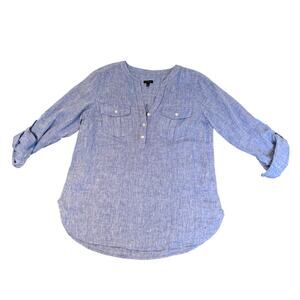 Women's Blue Linen Popover Top Talbots Size M